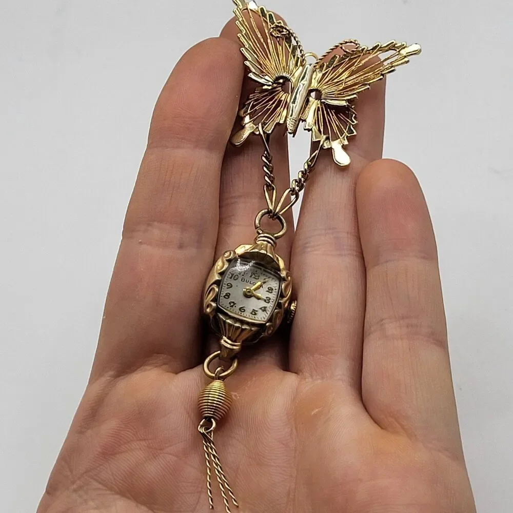 Vintage Bulova Pocket Watch Butterfly Clip L2 Windable Working 4.5in